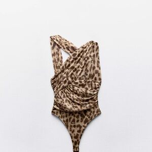 ZARA Leopard Print Draped Asymmetrical Tulle Bodysuit